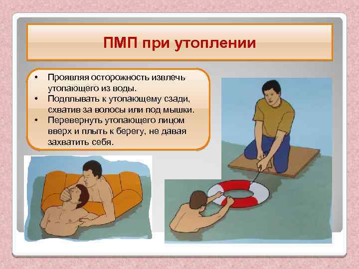 ПМП при утоплении • • • Проявляя осторожность извлечь утопающего из воды. Подплывать к