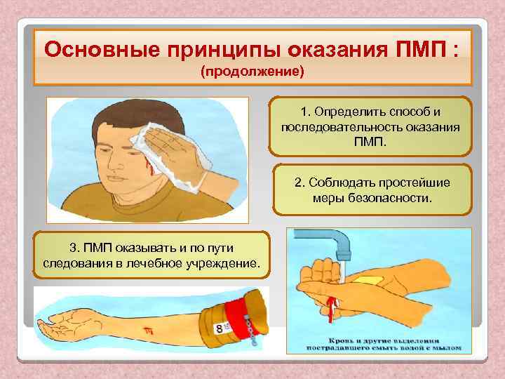 Основные принципы оказания ПМП : (продолжение) 1. Определить способ и последовательность оказания ПМП. 2.
