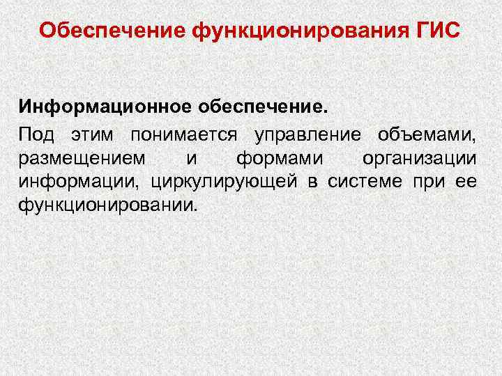 Обеспечение функционирования ГИС Информационное обеспечение. Под этим понимается управление объемами, размещением и формами организации