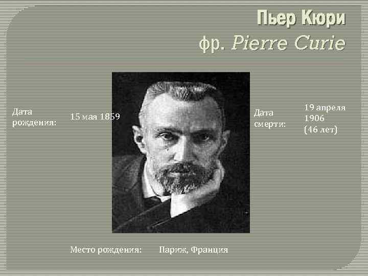 Пьер Кюри фр. Pierre Curie Дата рождения: Дата смерти: 15 мая 1859 Место рождения: