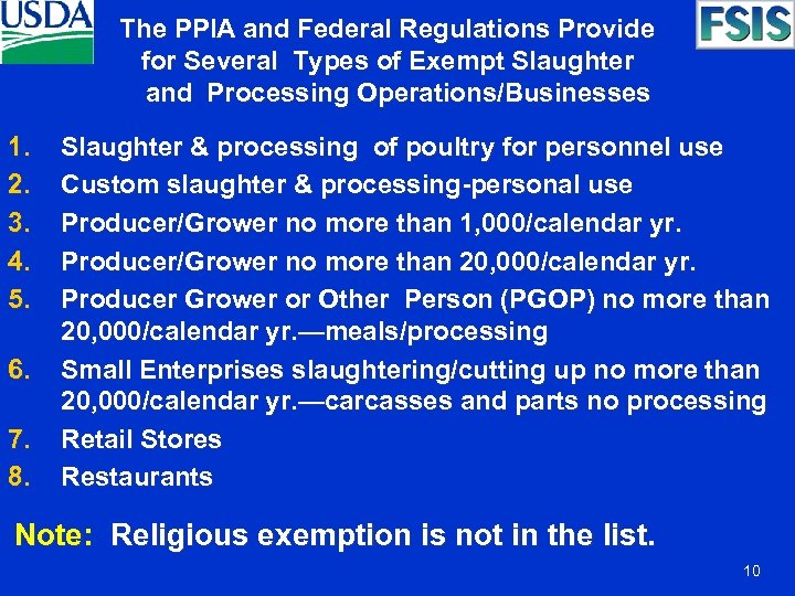 The PPIA and Federal Regulations Provide for Several Types of Exempt Slaughter and Processing