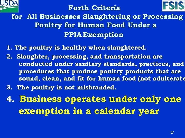 Forth Criteria for All Businesses Slaughtering or Processing Poultry for Human Food Under a
