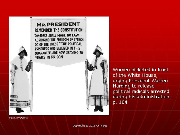 Women picketed in front of the White House, urging President Warren Harding to release