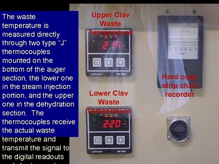 The waste temperature is measured directly through two type “J” thermocouples mounted on the