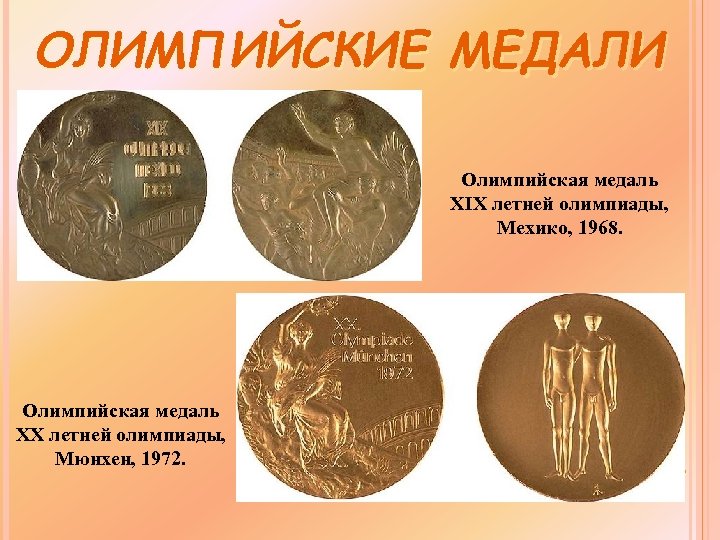 ОЛИМПИЙСКИЕ МЕДАЛИ Олимпийская медаль XIX летней олимпиады, Мехико, 1968. Олимпийская медаль XX летней олимпиады,