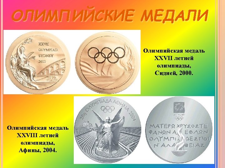 ОЛИМПИЙСКИЕ МЕДАЛИ Олимпийская медаль XXVII летней олимпиады, Сидней, 2000. Олимпийская медаль XXVIII летней олимпиады,