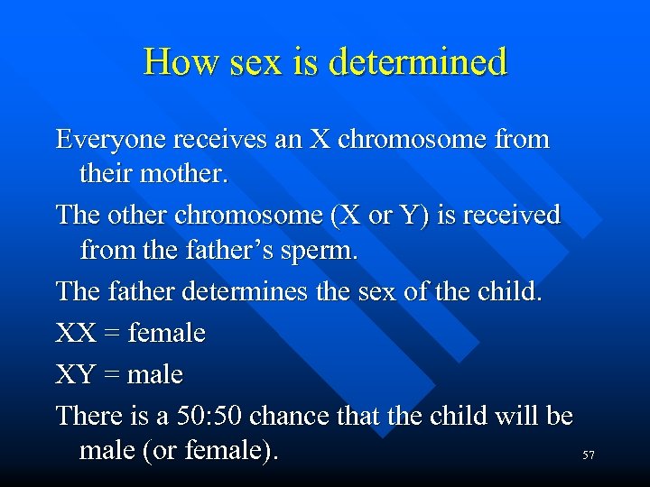 How sex is determined Everyone receives an X chromosome from their mother. The other