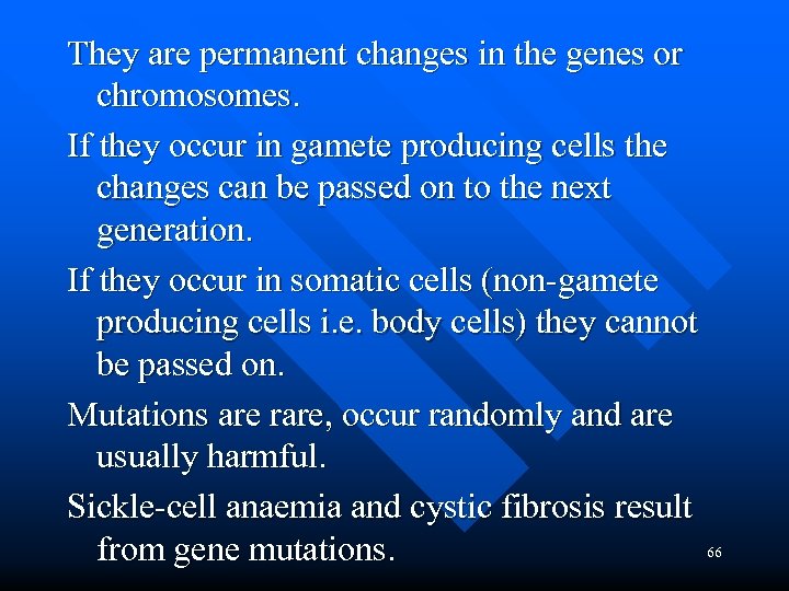 They are permanent changes in the genes or chromosomes. If they occur in gamete