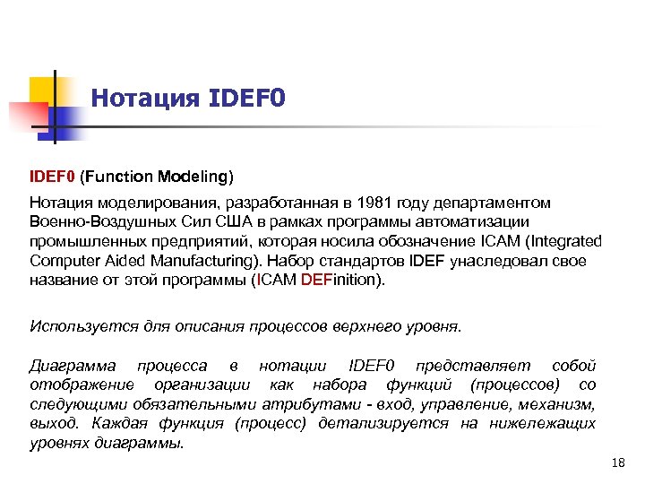 Нотация IDEF 0 (Function Modeling) Нотация моделирования, разработанная в 1981 году департаментом Военно-Воздушных Сил