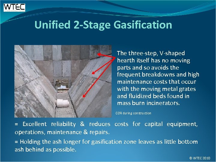 Unified 2 -Stage Gasification The three-step, V-shaped hearth itself has no moving parts and