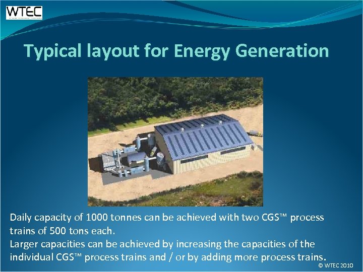 Typical layout for Energy Generation Daily capacity of 1000 tonnes can be achieved with