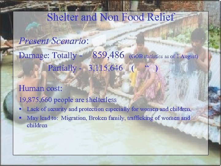 Shelter and Non Food Relief Present Scenario: Damage: Totally - 859, 486 Partially -