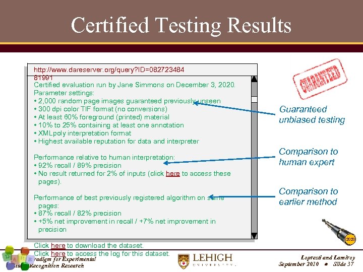 Certified Testing Results http: //www. dareserver. org/query? ID=082723484 81991 Certified evaluation run by Jane