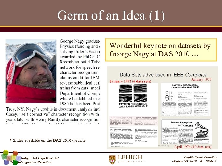 Germ of an Idea (1) Wonderful keynote on datasets by George Nagy at DAS