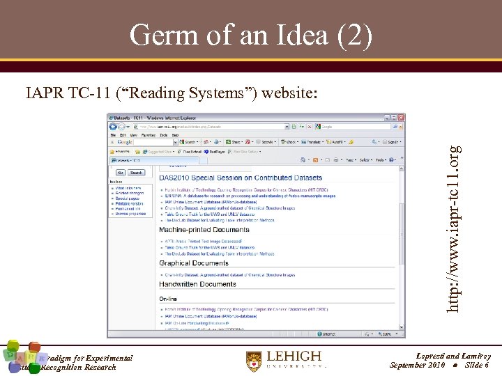 Germ of an Idea (2) http: //www. iapr-tc 11. org IAPR TC-11 (“Reading Systems”)