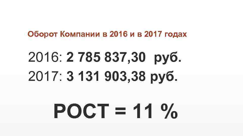 Оборот Компании в 2016 и в 2017 годах 2016: 2 785 837, 30 руб.