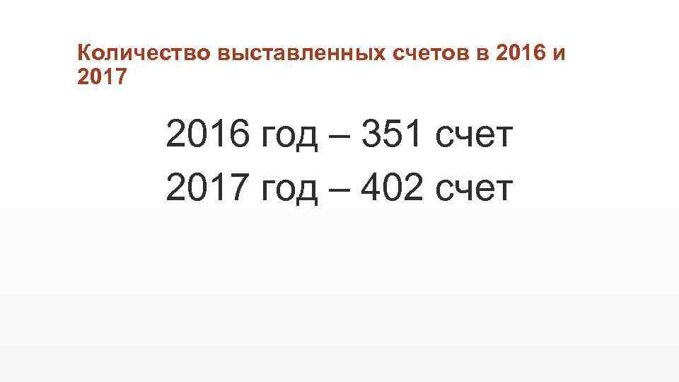 Количество выставленных счетов в 2016 и 2017 2016 год – 351 счет 2017 год