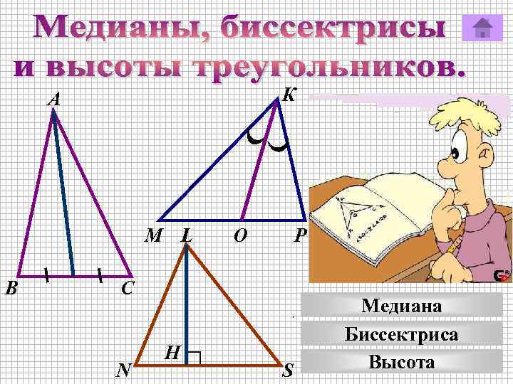К А М L В О Р С N H S Медиана Биссектриса Высота