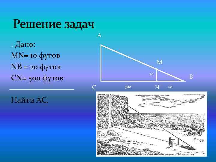 Решение задач А . Дано: МN= 10 футов NВ = 20 футов СN= 500