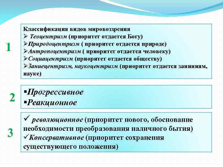 1 2 Классификация видов мировоззрения Ø Теоцентризм (приоритет отдается Богу) ØПриродоцентризм ( приоритет отдается