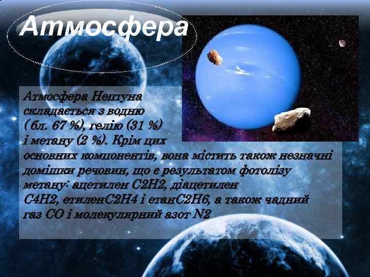 Атмосфера Нептуна складається з водню ( бл. 67 %), гелію (31 %) і метану