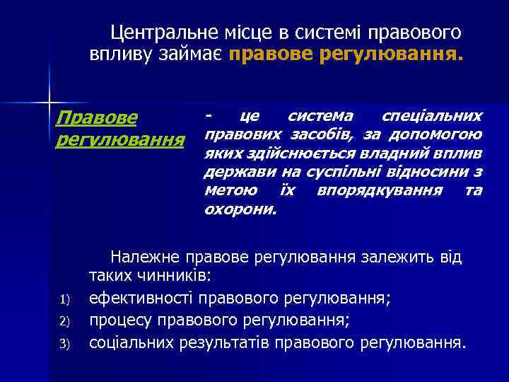 Центральне місце в системі правового впливу займає правове регулювання. це система спеціальних Правове регулювання