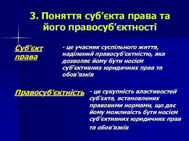 3. Поняття суб’єкта права та його правосуб’єктності Суб'єкт права - це учасник суспільного життя,