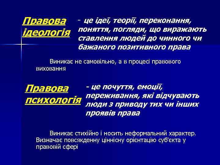 Правова - це ідеї, теорії, переконання, що виражають ідеологія поняття, погляди, до чинного чи