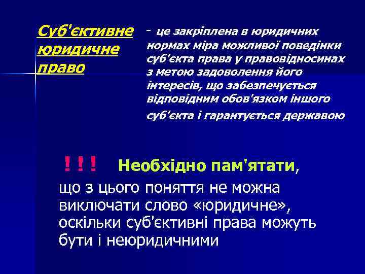Суб'єктивне - це закріплена в юридичних нормах міра можливої поведінки юридичне суб'єкта права у
