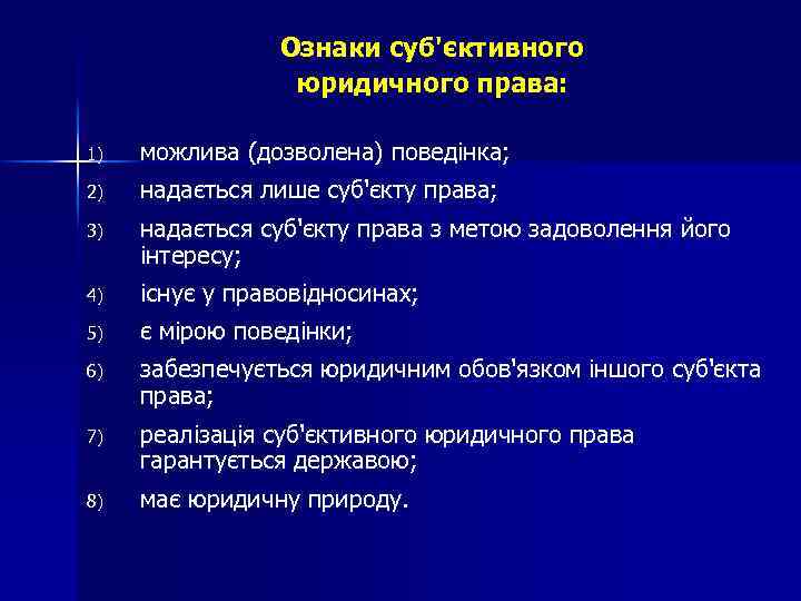 Ознаки суб'єктивного юридичного права: 1) можлива (дозволена) поведінка; 2) надається лише суб'єкту права; 3)