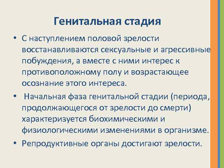 Генитальная стадия • С наступлением половой зрелости восстанавливаются сексуальные и агрессивные побуждения, а вместе