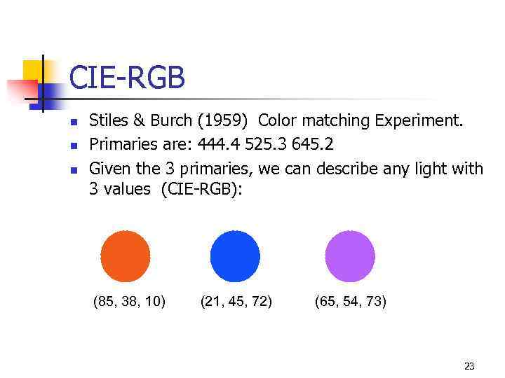 CIE-RGB n n n Stiles & Burch (1959) Color matching Experiment. Primaries are: 444.