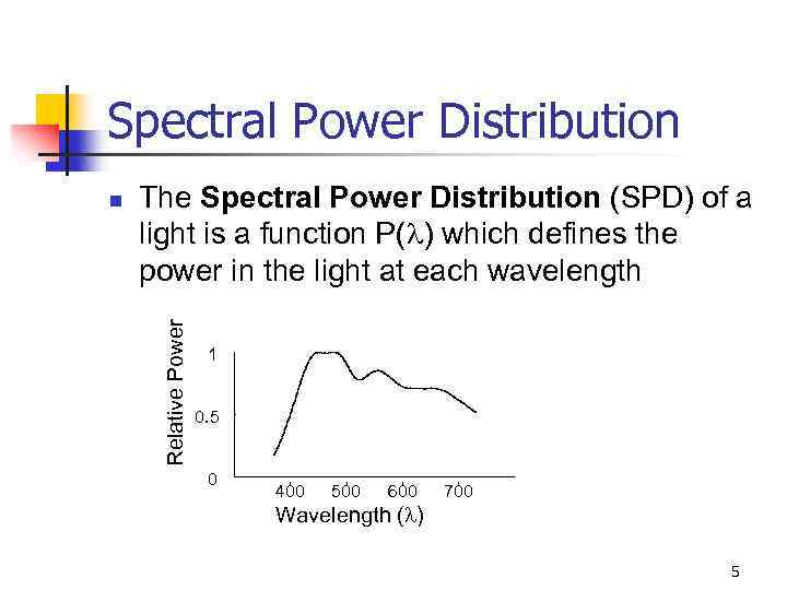 Spectral Power Distribution The Spectral Power Distribution (SPD) of a light is a function