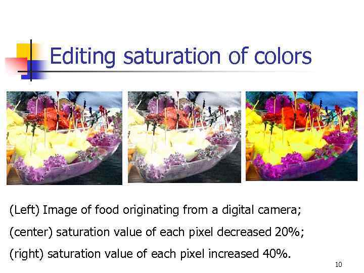 Editing saturation of colors (Left) Image of food originating from a digital camera; (center)