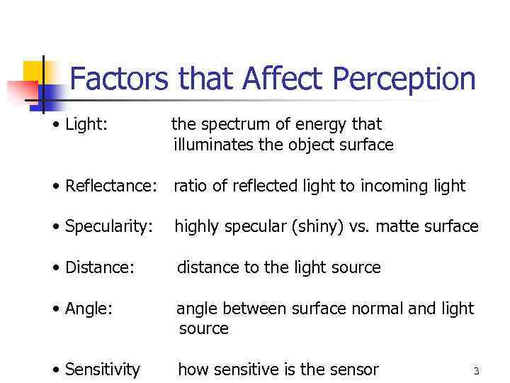 Factors that Affect Perception • Light: the spectrum of energy that illuminates the object