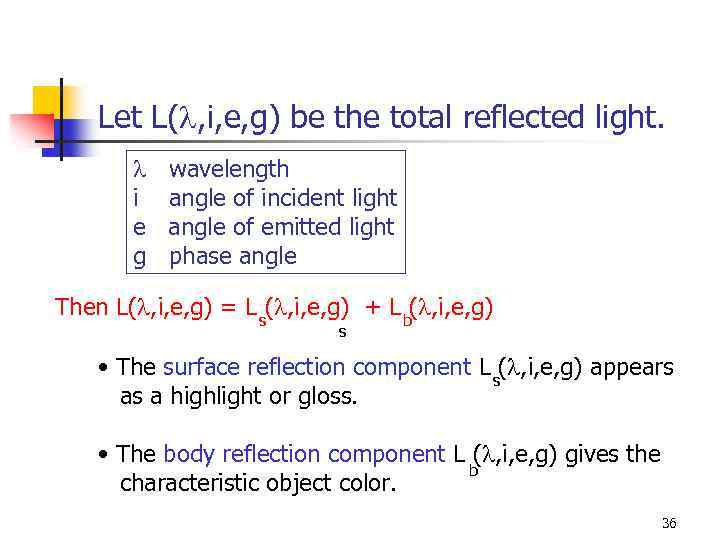 Let L( , i, e, g) be the total reflected light. i e g