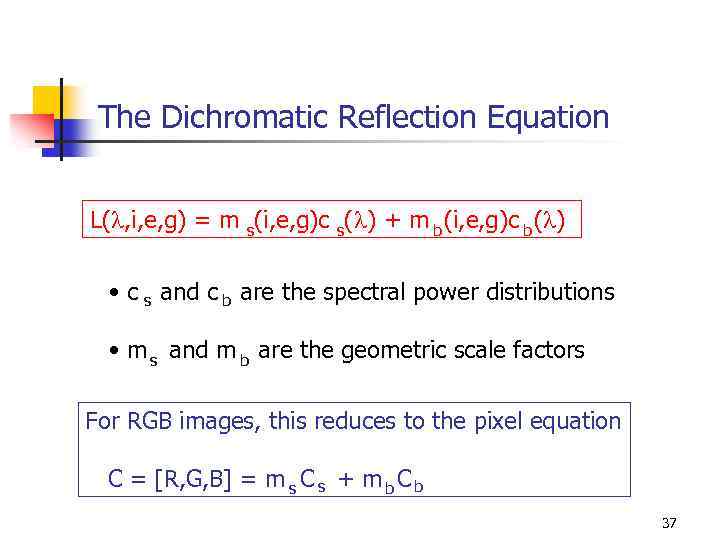 The Dichromatic Reflection Equation L( , i, e, g) = m s(i, e, g)c