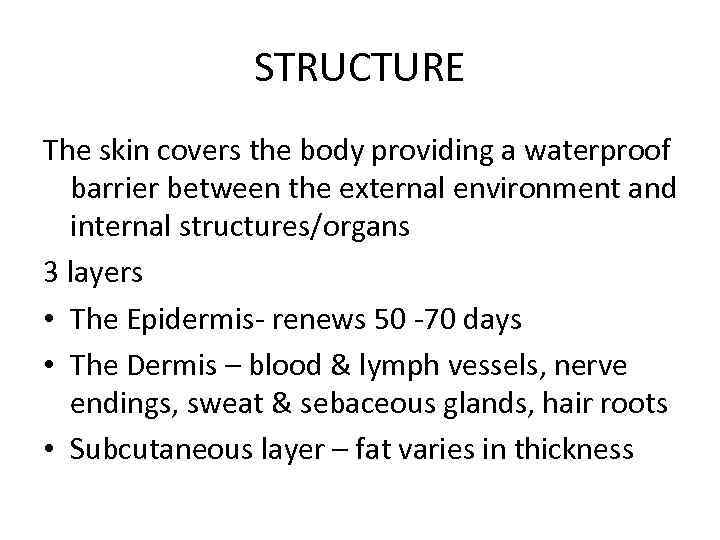 STRUCTURE The skin covers the body providing a waterproof barrier between the external environment