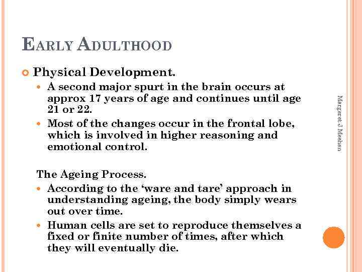 EARLY ADULTHOOD Physical Development. A second major spurt in the brain occurs at approx