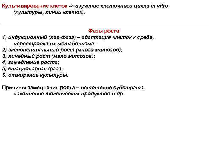 Культивирование клеток -> изучение клеточного цикла in vitro (культуры, линии клеток). Фазы роста: 1)