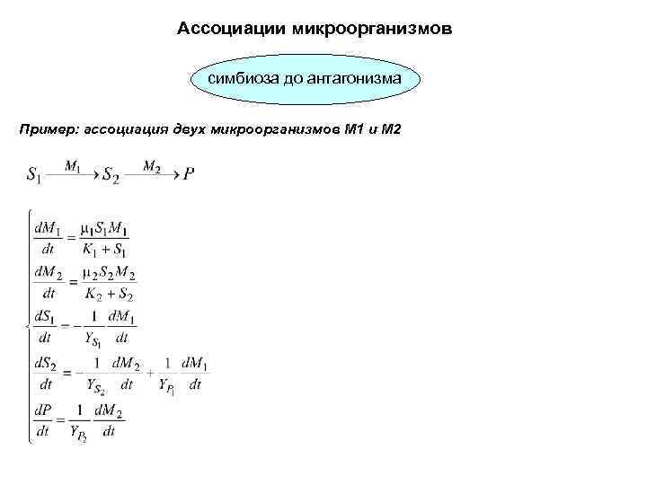 Ассоциации микроорганизмов симбиоза до антагонизма Пример: ассоциация двух микроорганизмов M 1 и M 2