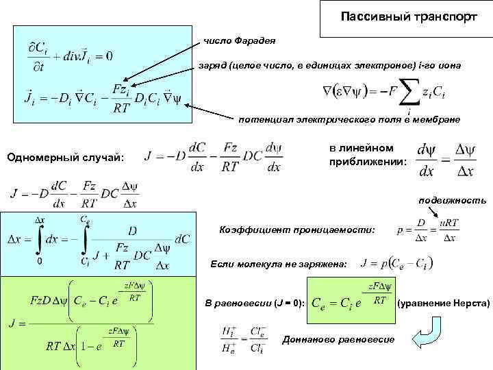 Пассивный транспорт число Фарадея заряд (целое число, в единицах электронов) i-го иона потенциал электрического