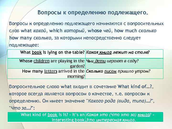Вопросы к определению подлежащего начинаются с вопросительных слов what какой, which который, whose чей,
