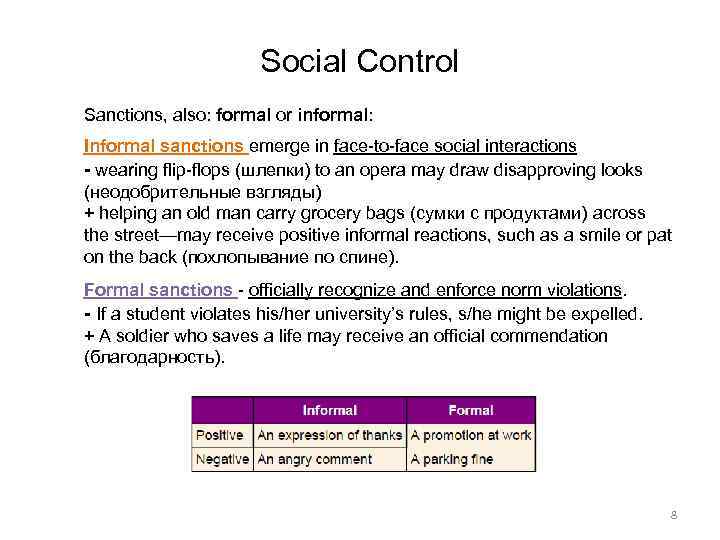 Social Control Sanctions, also: formal or informal: Informal sanctions emerge in face-to-face social interactions