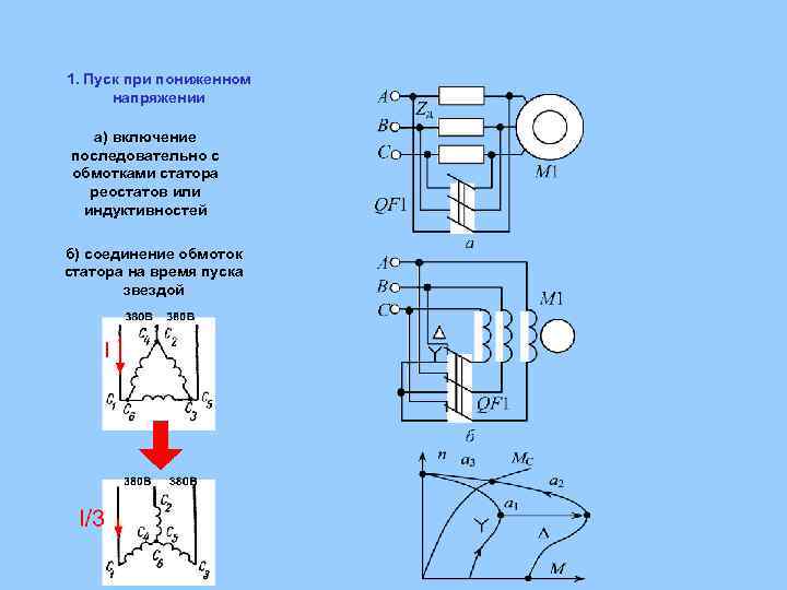 1. Пуск при пониженном напряжении а) включение последовательно с обмотками статора реостатов или индуктивностей