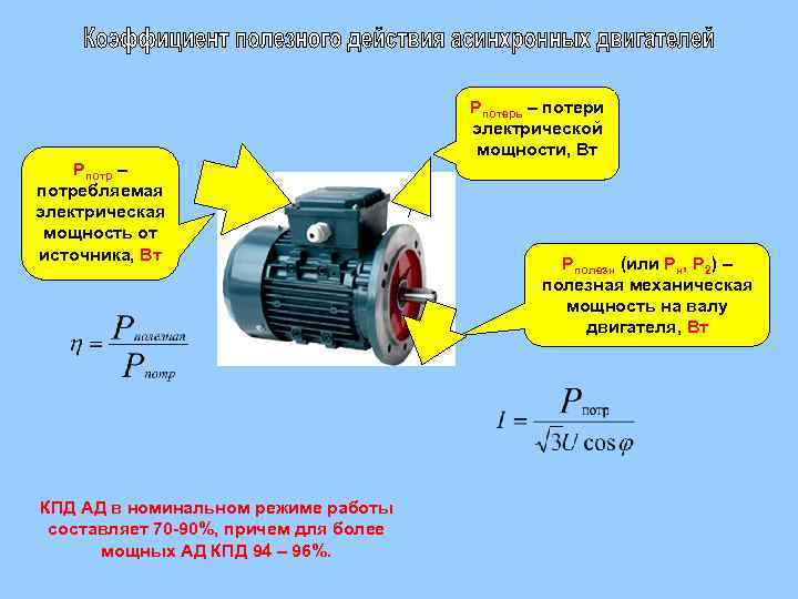 Pпотр – потребляемая электрическая мощность от источника, Вт КПД АД в номинальном режиме работы
