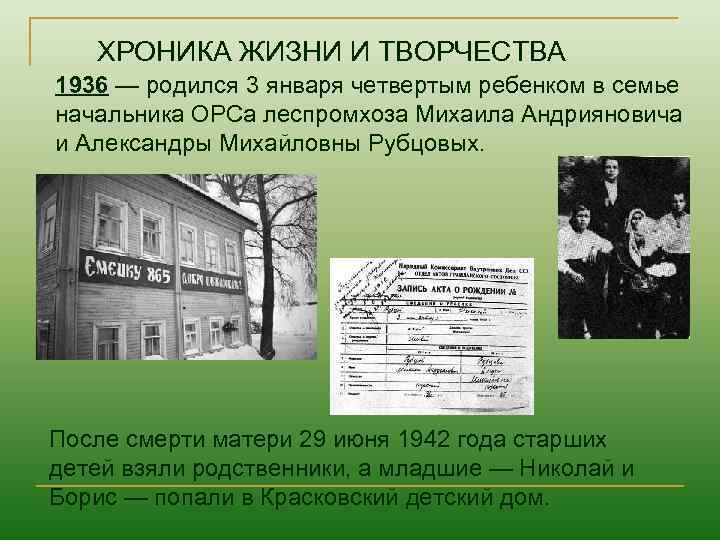 ХРОНИКА ЖИЗНИ И ТВОРЧЕСТВА 1936 — родился 3 января четвертым ребенком в семье начальника