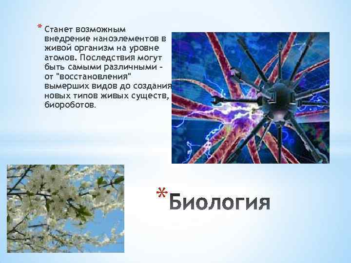 * Станет возможным внедрение наноэлементов в живой организм на уровне атомов. Последствия могут быть