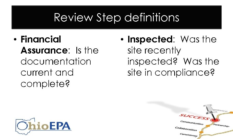 Review Step definitions • Financial Assurance: Is the documentation current and complete? • Inspected: