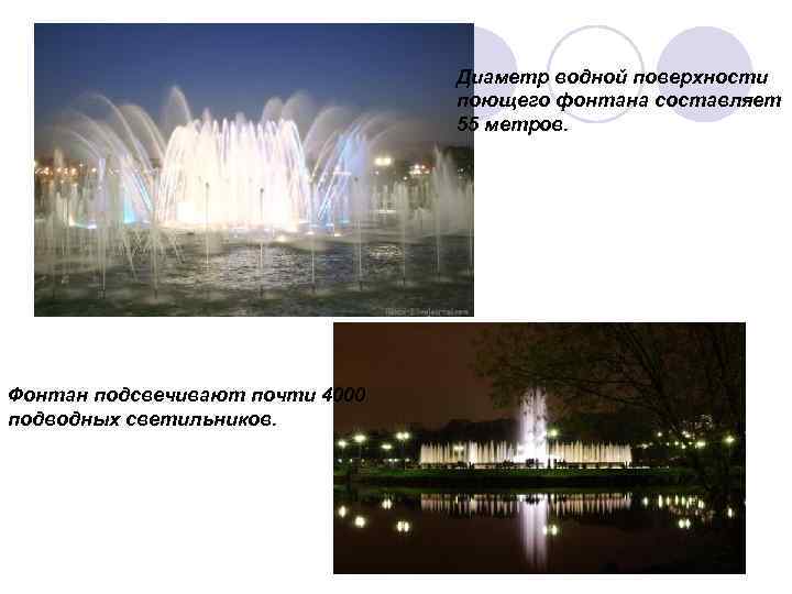 Диаметр водной поверхности поющего фонтана составляет 55 метров. Фонтан подсвечивают почти 4000 подводных светильников.